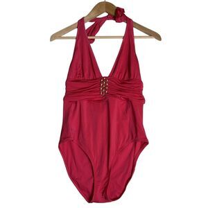 Trina Turk Women's Swimsuit Sz‎ 6 Pink One Piece Halter Gold Detail Plunge